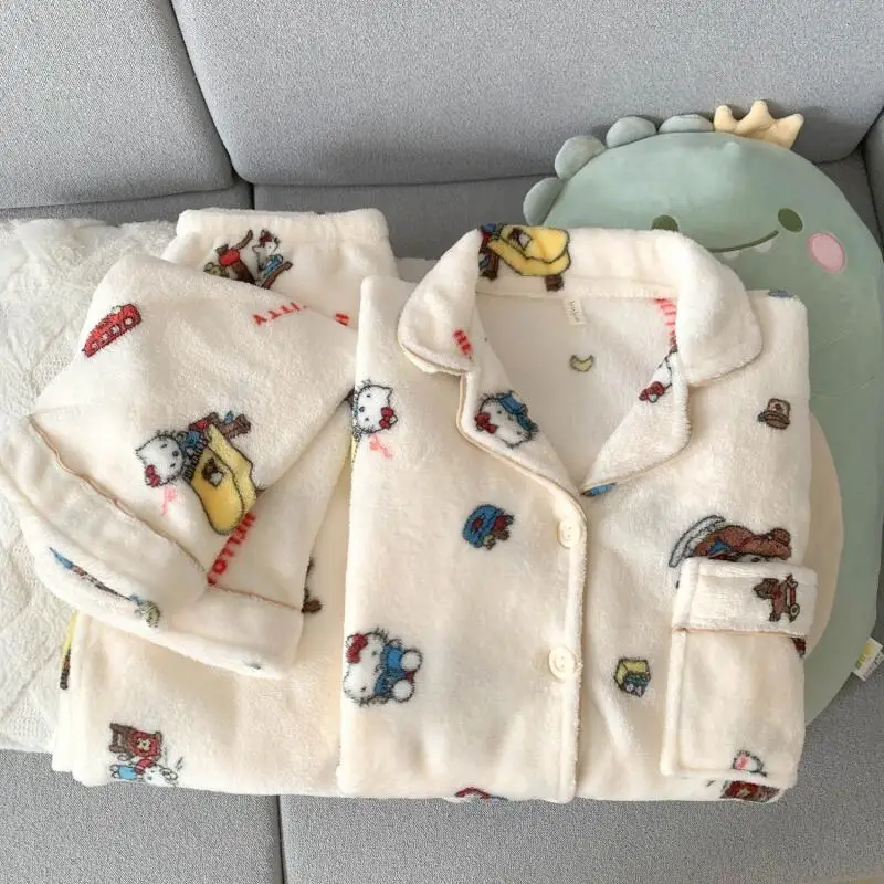 

Sanrio Hello Kitty женские зимние пижамные комплекты Kawaii теплая одежда для сна с героями мультфильмов брюки с длинными рукавами ночная рубашка фланелевая домашняя одежда новая