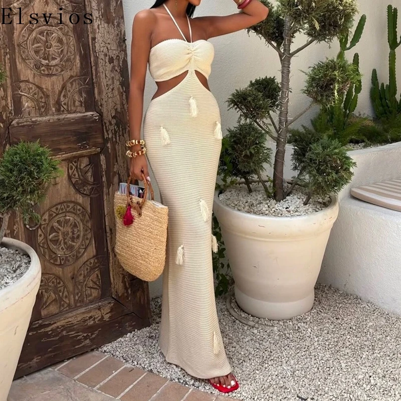 

Sexy Halter Fringe Patchwork Long Dress Women Elegant Backless Hollow Out Solid Party Dress Fashion Sleeveless Knit Beach Dress
