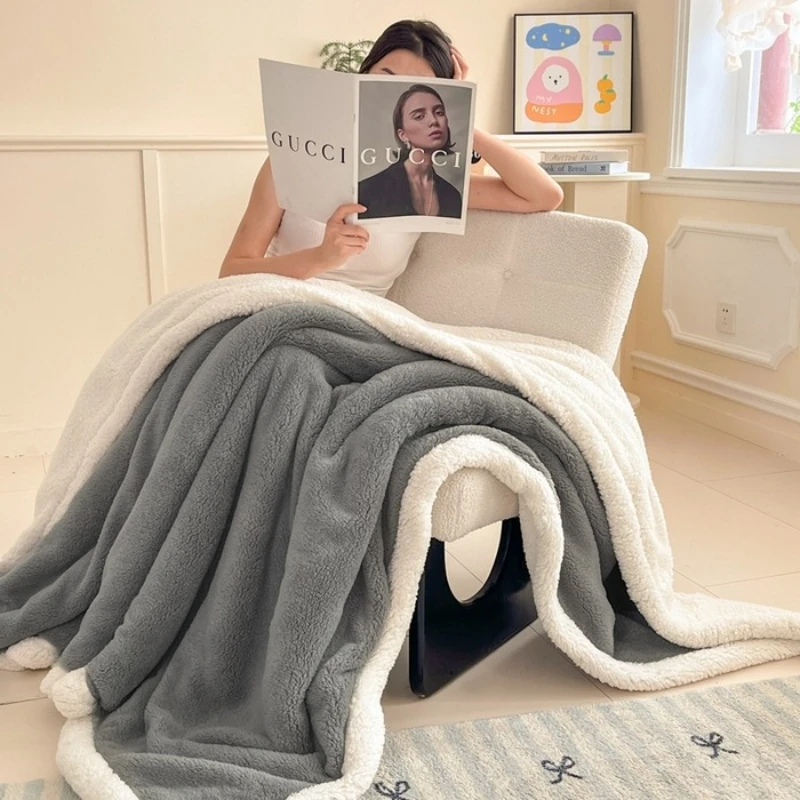 2025 A-Class Soft Cotton Half-Fleece Double-Layer Lamb Wool Blanket Solid Color Sofa Warm Autumn Winter Blanket