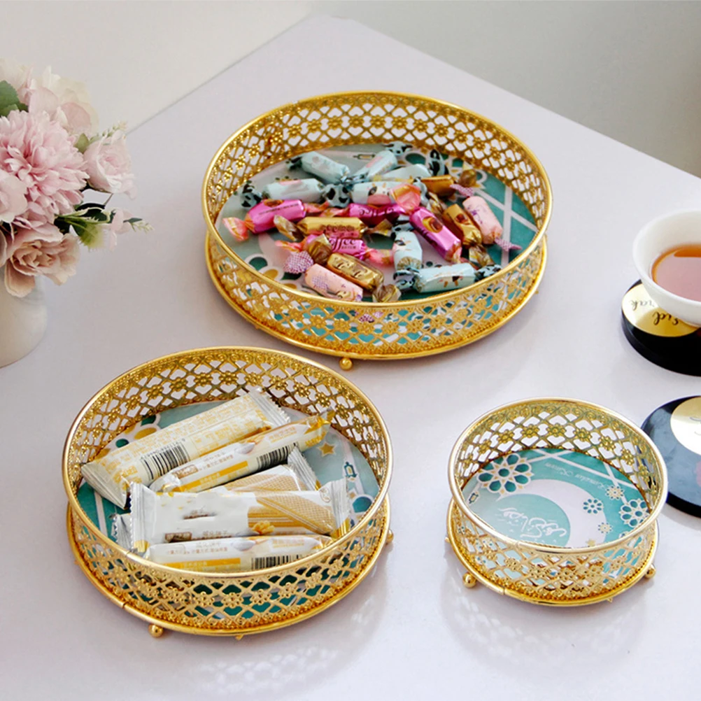 

3 шт., полая металлическая тарелка с фруктами, креативное украшение для рабочего стола, многофункциональный поднос для сервировки еды, контейнер для сухофруктов, золотой