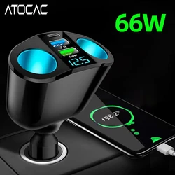 Cigarette Lighter Adapter Dual Socket QC3.0 PD Type C USB Car Charger Splitter Plug LED Voltage Display Multi Port Phone Charge