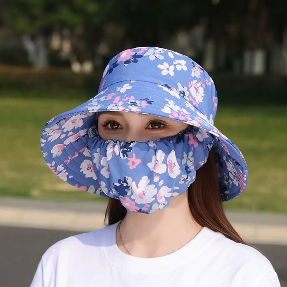 Fashion Floral Tea Picking Cap Wide Brim Anti-UV Agricultural Work Hat with Mask Neck Protection Fisherman Hat Summer