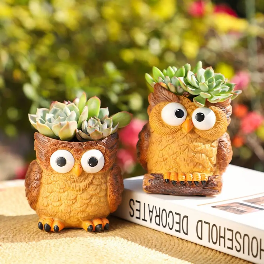 

Garden Ornament Resin Owl Planter Cute Cartoon Animal Vase Multifunction Simulated Pen Container Green Plants Potted