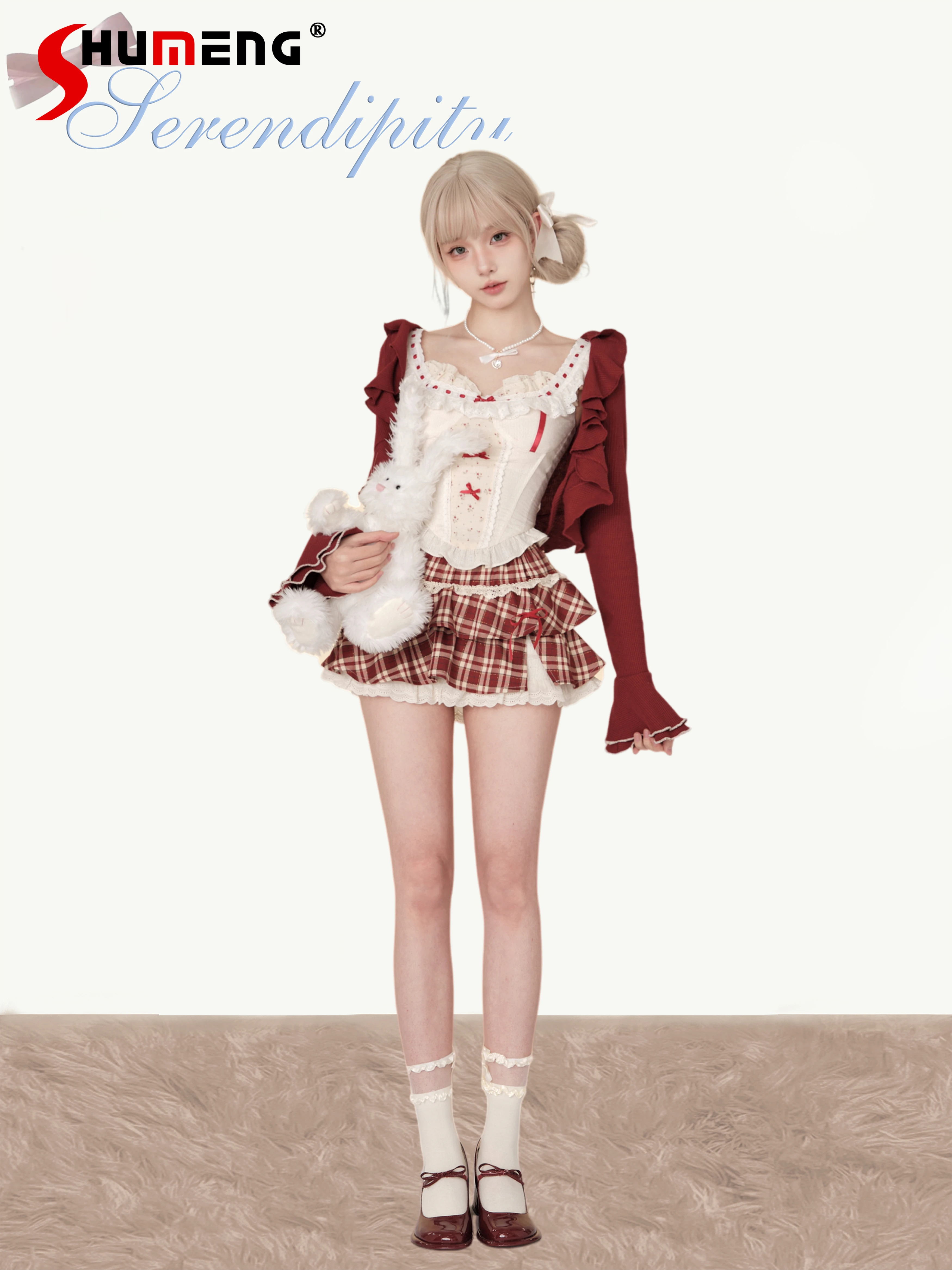 

Summer 2024 Girl Set Women's Long-Sleeved Red Cardigan Vest Tops Feminine High-Waisted Red Plaid Skirts Nice Women's Skirt Suit