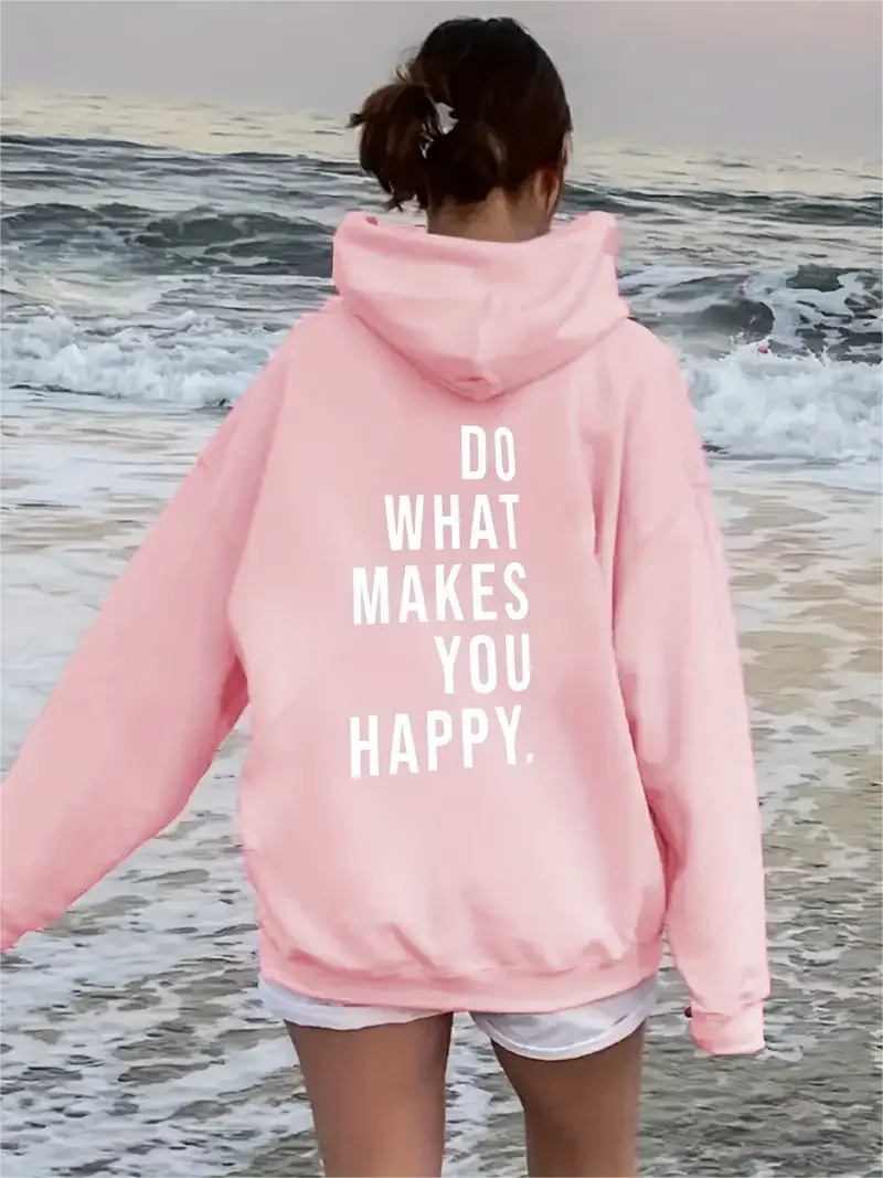 Positive Slogan Print Loose Hoodie, Casual Drawstring Kangaroo Pocket Hoodies Sweatshirt, Women's Clothing