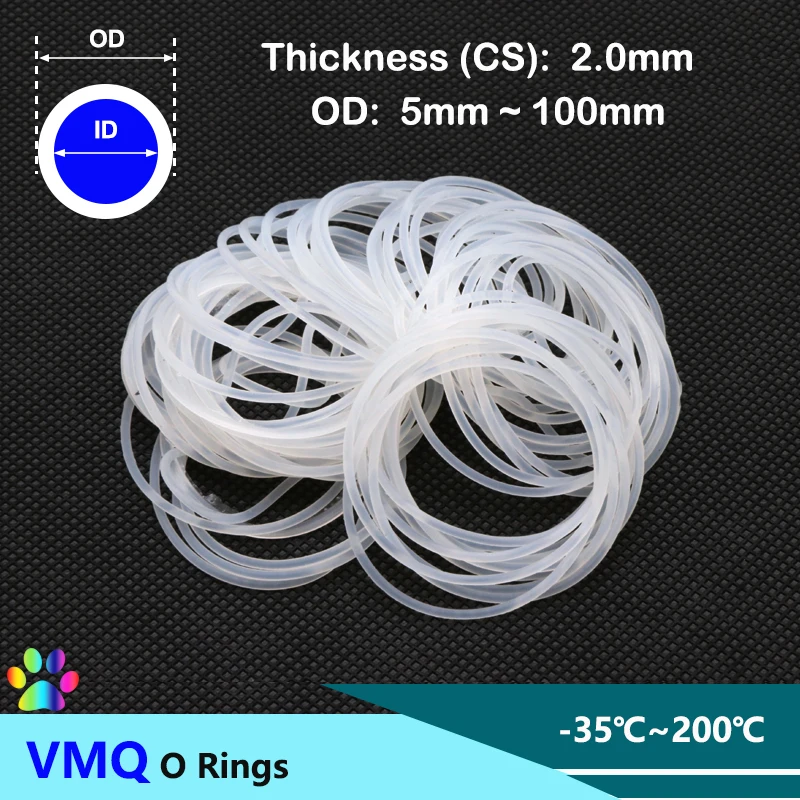 10/50pcs White Silicone VMQ O Ring Gaskets CS 2.0mm OD 5 ~ 100mm Food Grade Nontoxic Sealing Washer Round O Shape Seal Gaskets