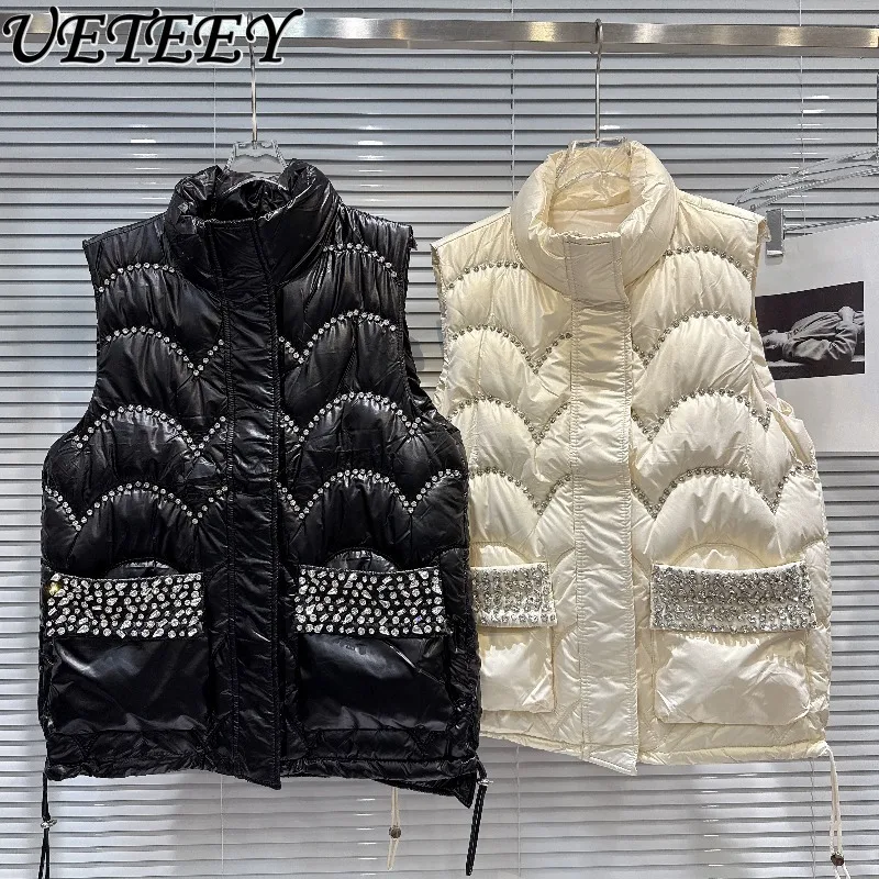 

Solid Color Versatile Sleeveless Jacket Winter New Heavy Craft Wave Pattern Rhinestone Design Stand Collar Warm Cotton Vest