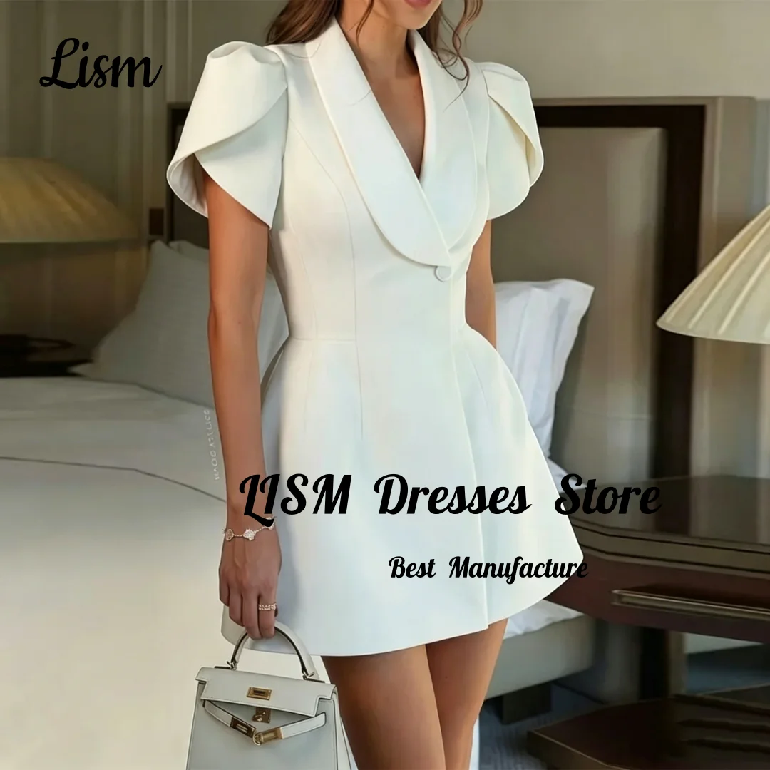 LISM Customized Elegant Short Stain Evening Dresses 2026 V-neck A-Line Button Mini Length Party Dress for Women Formal Occasions