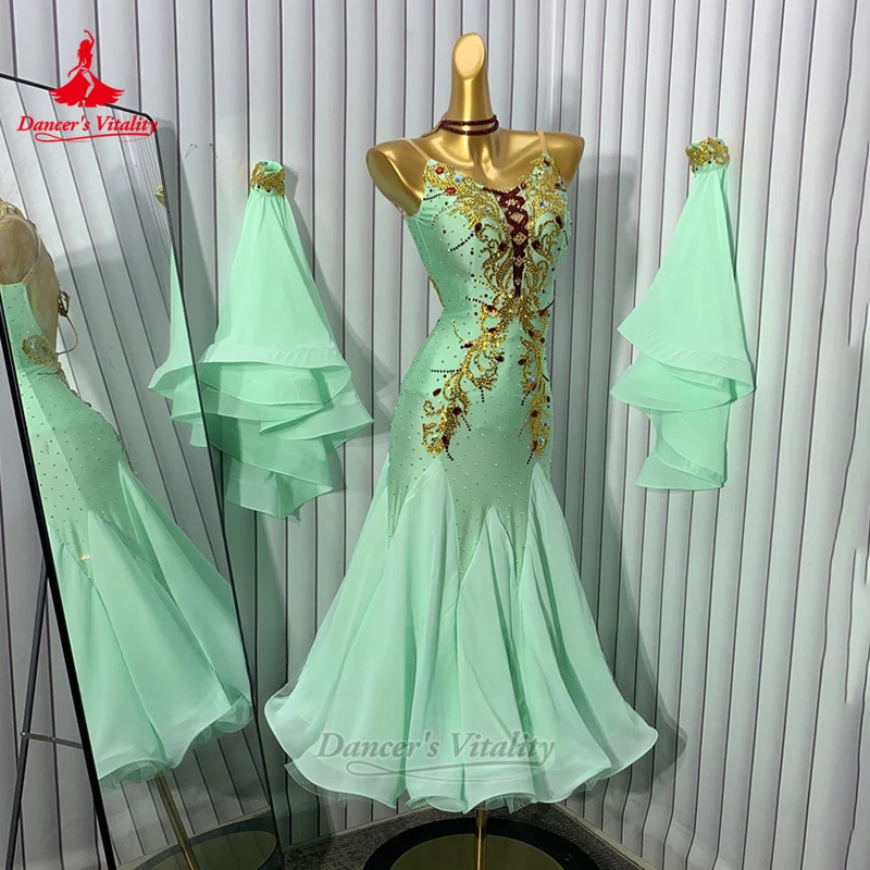 Danza moderna verde menta sin mangas envuelto caderas vestidos lujoso personalizado adulto vals Foxtrot Sling atuendo bailarina vitalidad