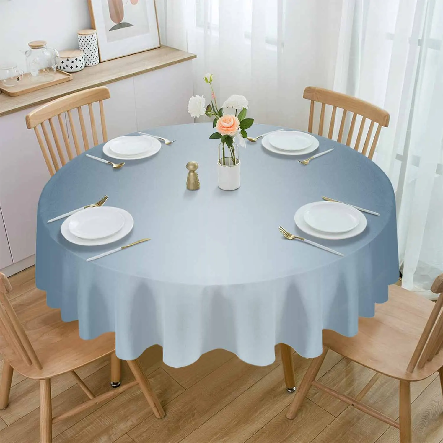 Haze Blue Gradient Waterproof Tablecloth Tea Table Decoration Round Table Cover For Kitchen Wedding Home