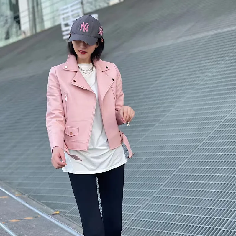Chaqueta de piel auténtica para mujer, abrigo Vintage de piel de oveja Natural, color rosa, primavera y otoño, novedad de 2022