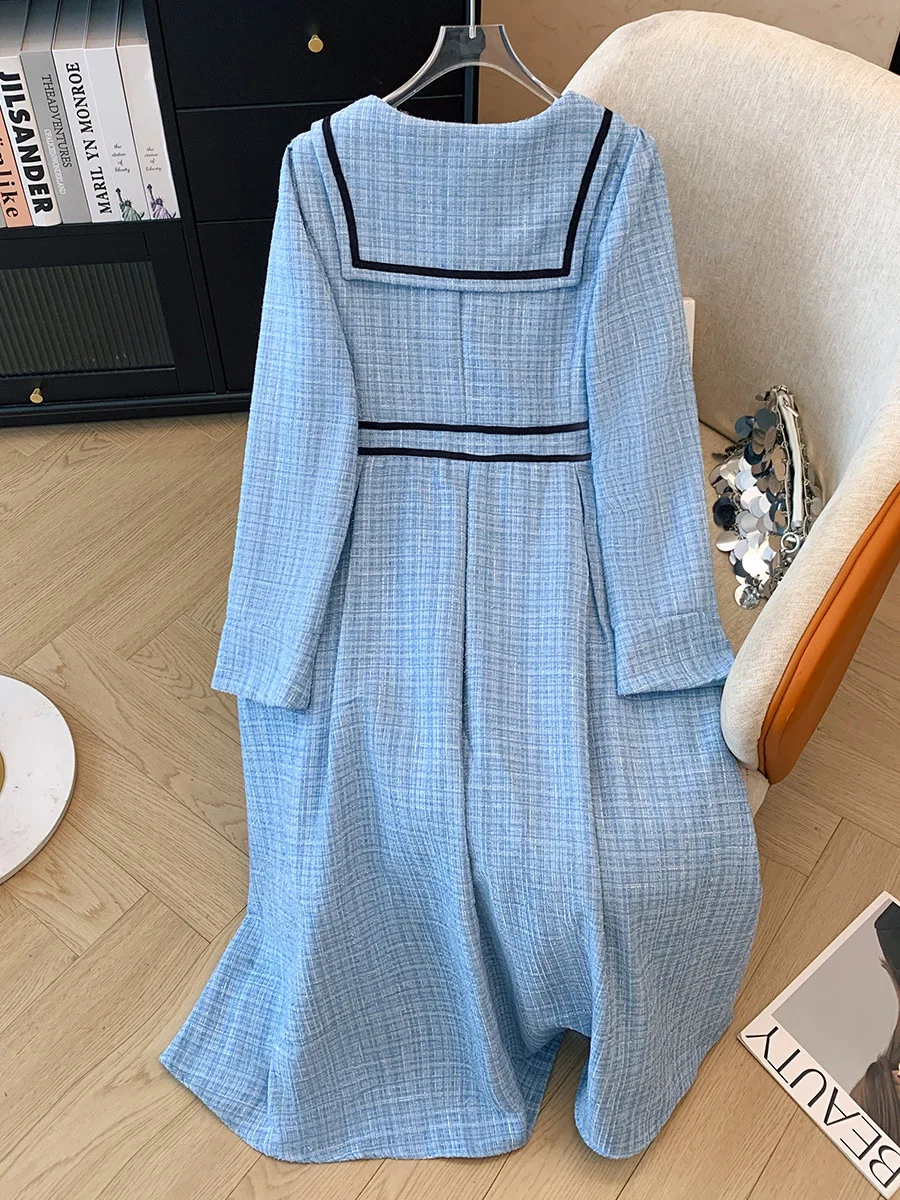 150 kg plus size dames buste 149 herfst retro kleine geurige stijl taille cinching lange mouwen revers jurk 5XL 6XL 7XL 8XL 9XL