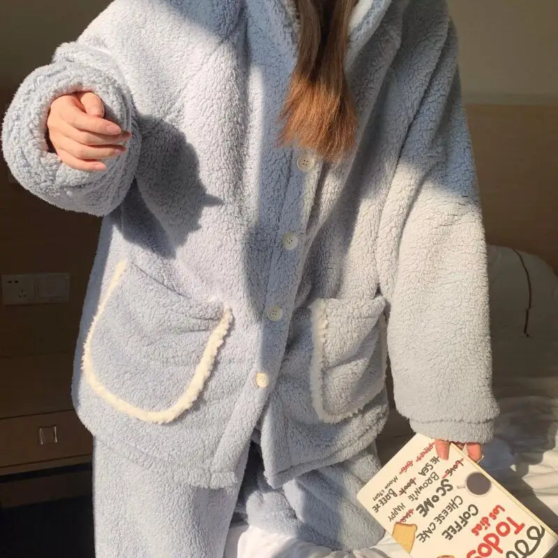 

Thicken Woman Pajamas Winter Homewear New Keep Warm Wearable As Outerwear Flannel Nightwear Coral Fleece Pj Sweet Cute Sleepwear