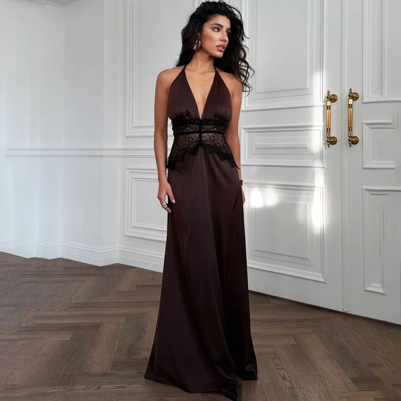 

Ticketsx Lace Patchwork Long Dress Women Halter Neck Plunge Hollow Out Slim Dress Vintage Backless Luxury Party Evening Dresses