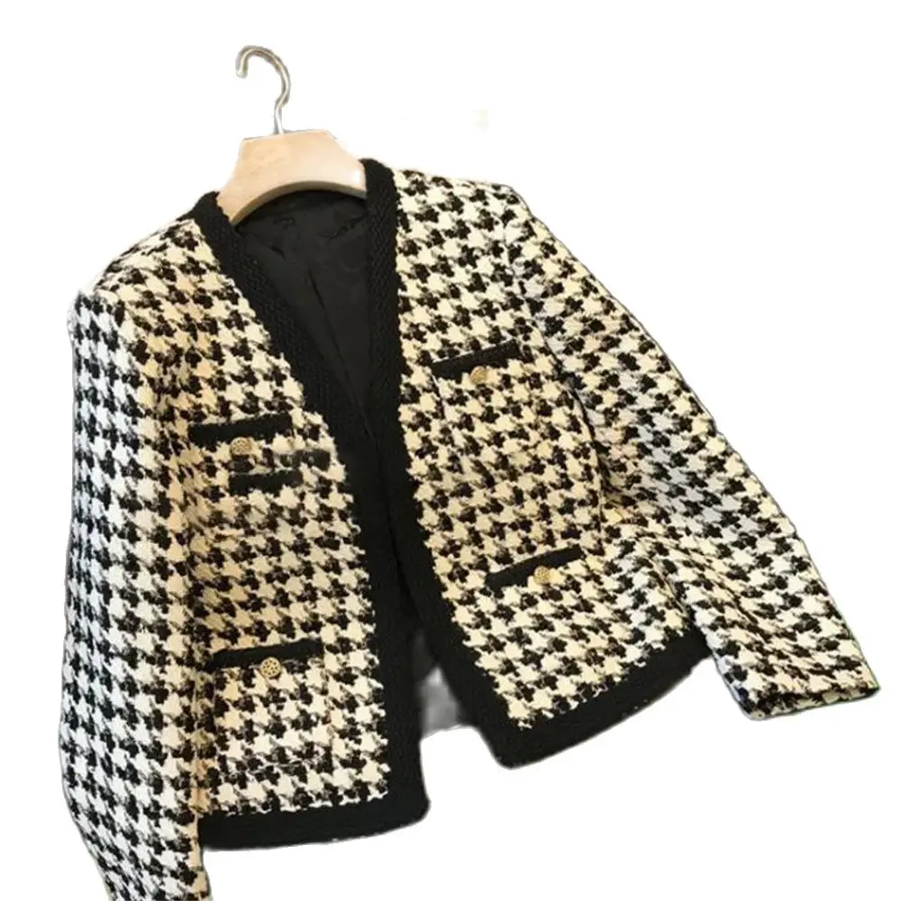 

Houndstooth Tweed Blended Vintage Women's Jacket Short Coat Korean Fashion Long Sleeve Winter Clothes Jackets For Women 2024