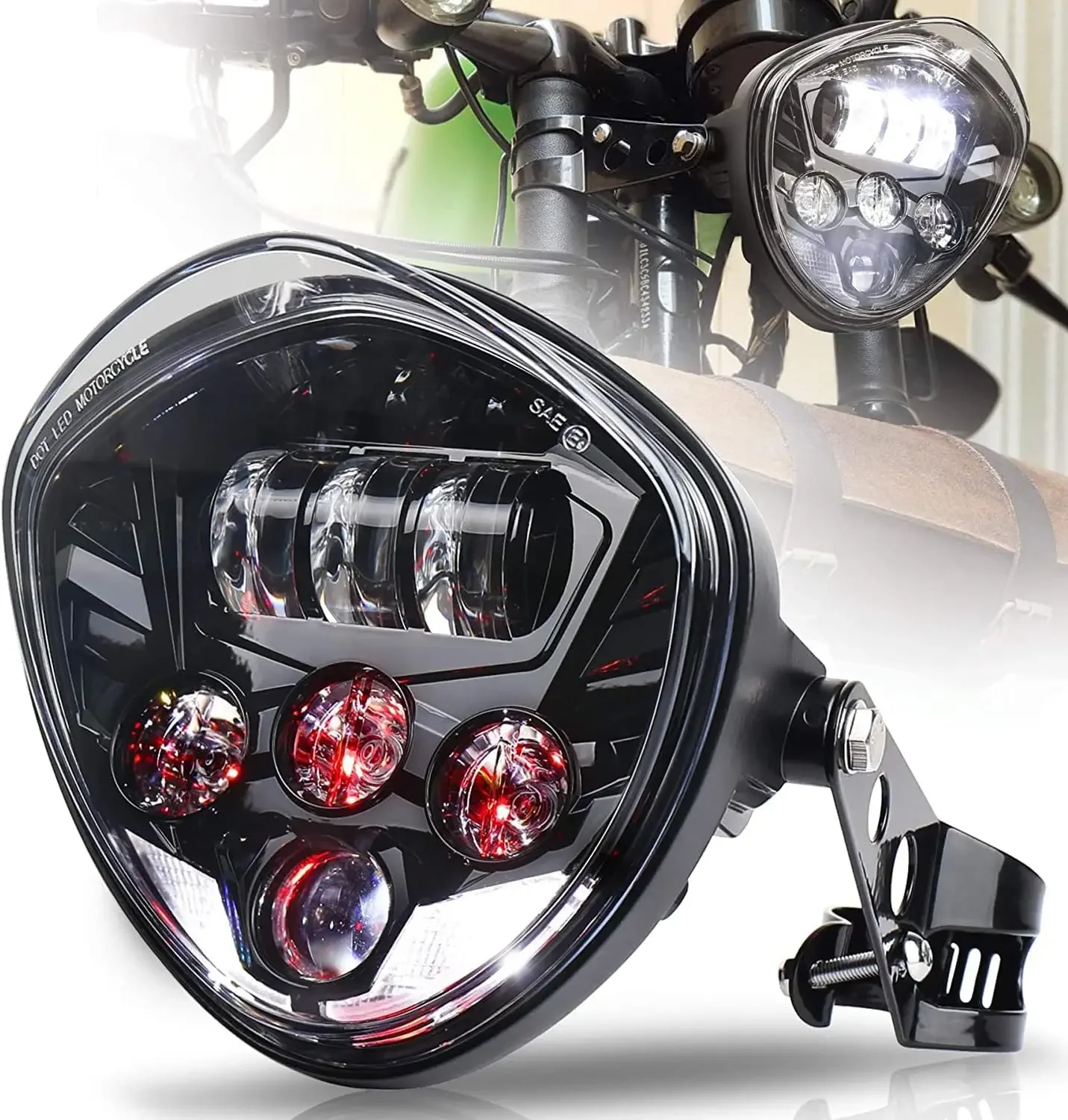 Motorcycle Headlight 7 Inch with Bracket Clamp White DRL Hi/Low Beam Red Back Light for Motorcycle Honda