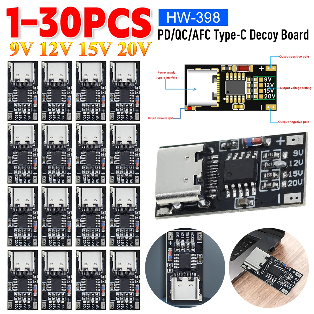 1-30PCS PD/QC/AFC Type-C Decoy Board USB Boost Module HW-398 PD3.0 2.0 PPS/QC4+FCP Fast Charging Voltage Protocol Trigger Board