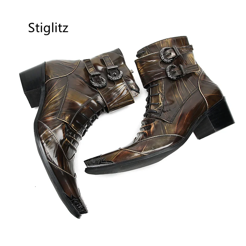 Double Buckle Patent Leather Ankle Boots for Men Metal Toe Zipper Brown Yellow Mixed Colors Short High Heel Boots Pleated Shoes