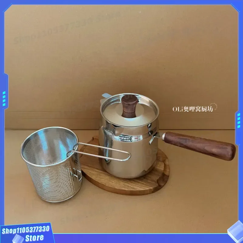 304 Stainless Steel Deep Fryer Small Household Tempura Pot with Filter Screen Oil Saving Induction Cooker Compatible