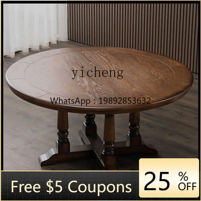 

1 American light luxury solid wood round table black walnut European retro style large round table household dining table