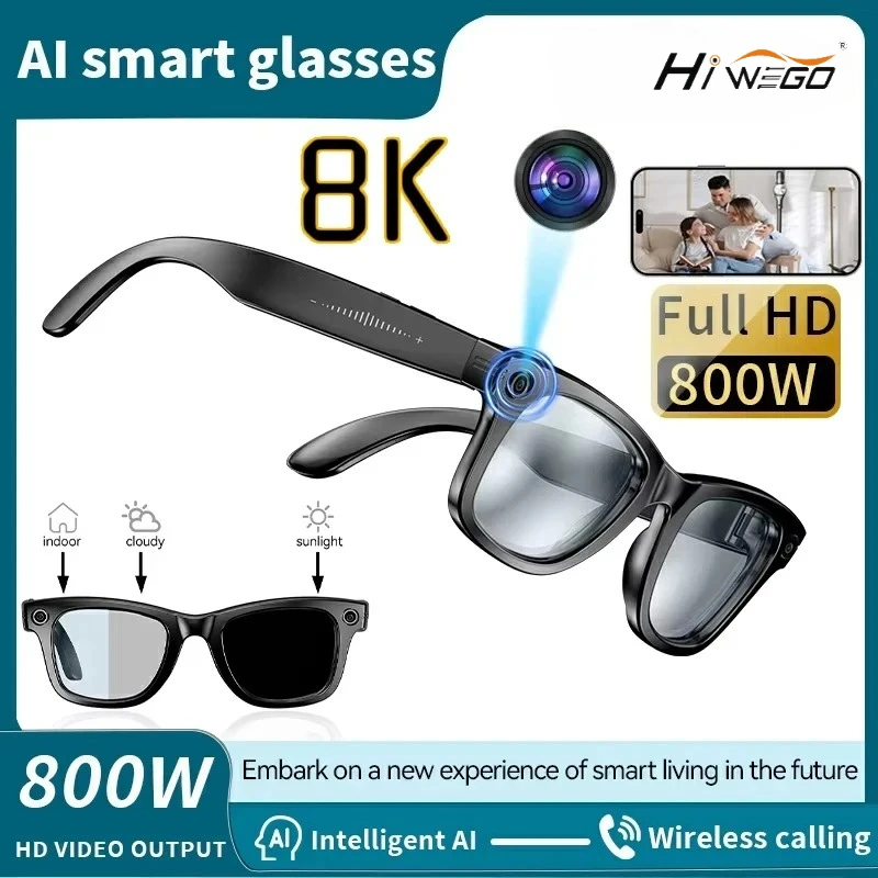 HIWEGO New Smart Glasses 8MP HD Camera AI Glasses Photo Video Recording Waterproof Mini Anti-blue Camera Glasses for Man Women