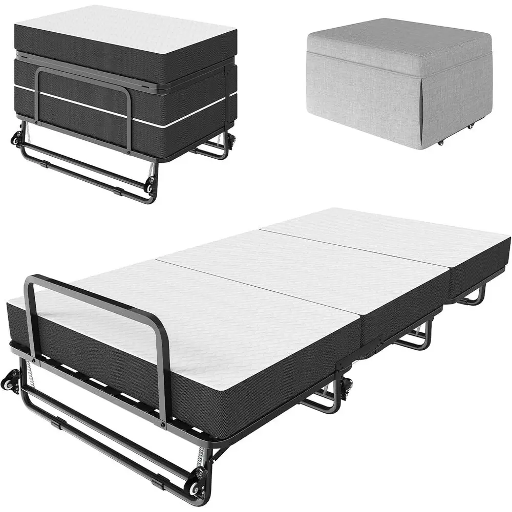 Cama Plegable Portátil, Tamaño Individual 75x32, con Colchón de Espuma Viscoelástica, Se Convierte en Sofá Otomano, Estructura Metálica Resistente, Fácil de Guardar
