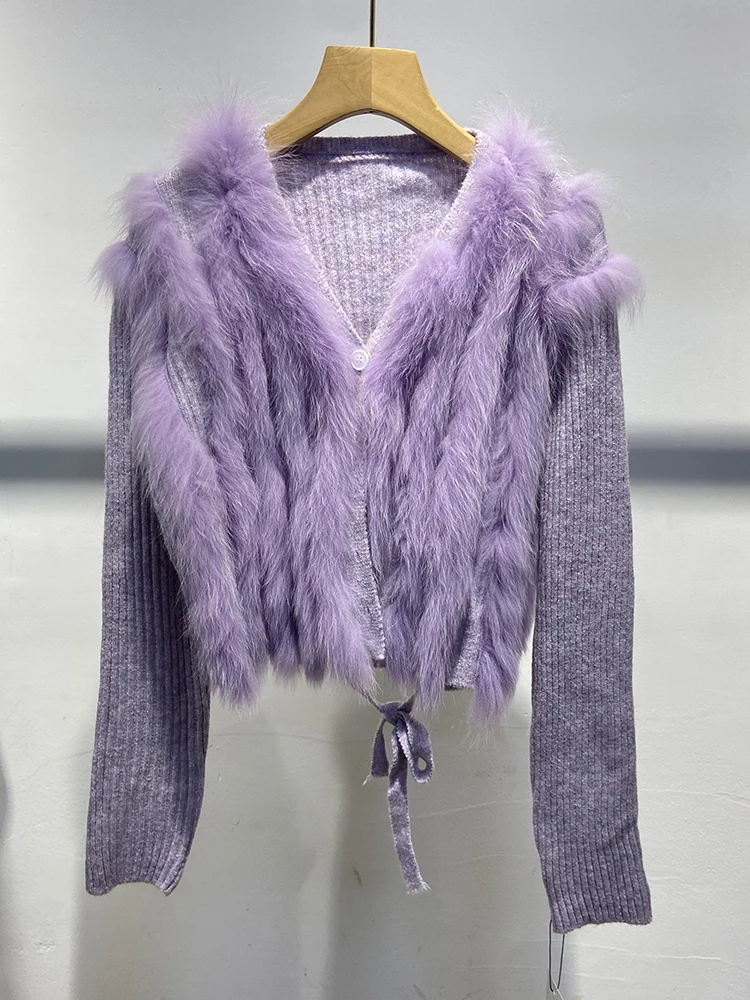 

2024 Autumn Women Real Fox Fur Sweater Real Fur Spring Special Design Knitted Jacket Wear