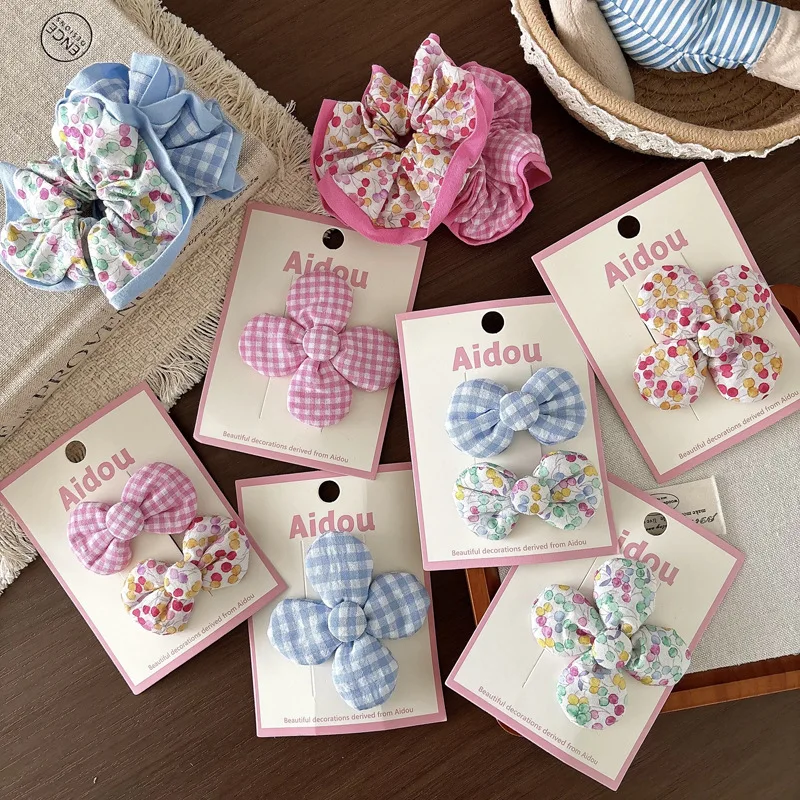 Hair Clips Hair Ties Sweet Blue Pink Floral Plaid Bow Lace Fabric Scrunchie Ponytail Headwear Lightweight Small Daily