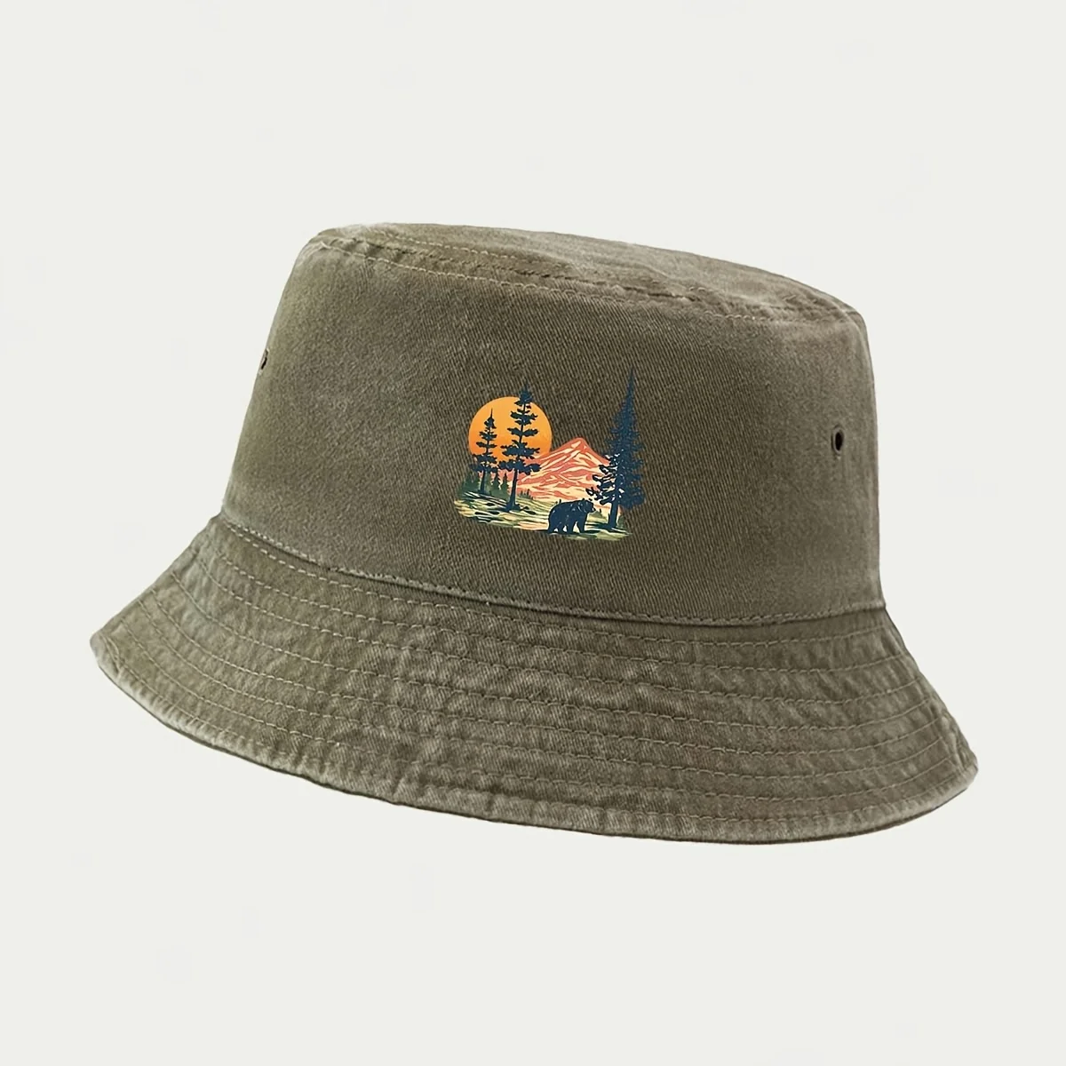 This Is a Bucket Hat Featuring a Sunset Mountain Forest and Black Bear Outdoor Scenery Print. It's a Versatile, Lightweight, and