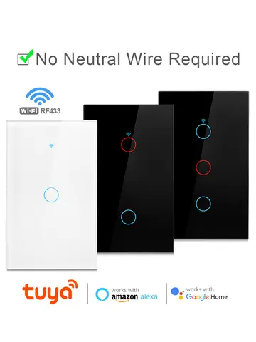 Tuya Smart Switches US Neutral Wire/No Neutral Wire Required 1/2/3/4 Gang Light WiFi Touch Switch Work with Alexa Google Home