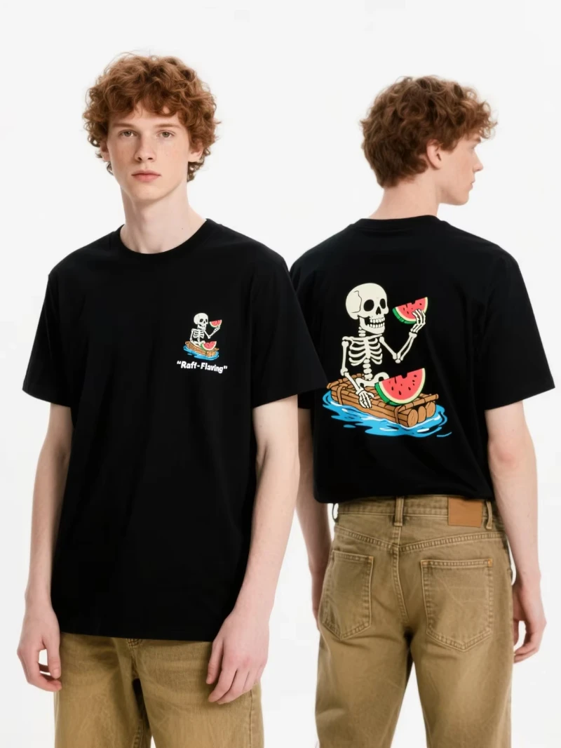 

Лето 2025 г., роскошная новинка, черная хлопковая футболка с изображением черепа, рафтинга и арбуза, модная и забавная простая футболка с круглым вырезом