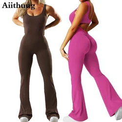 Aiithuug U-Neck Padded Yoga Jumpsuit Hollow Back Butt Lifter Sleeveless Flare Women's Fast Drying Athletic Fitness Pilates Suits