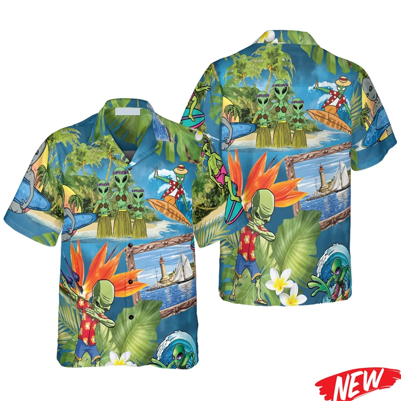 

Funny Alien Graphic Hawaiian Shirt Men 3d Printing UFO Aloha Shirt Quick Dry Lapel Short Sleeves Unisex Street Button Shirts