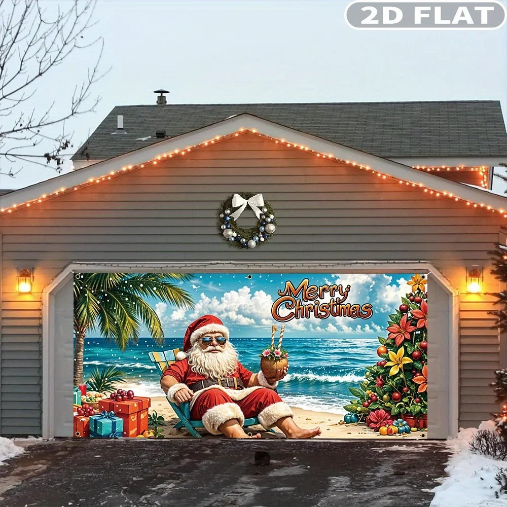 

1 pc Christmas Santa Polyester Garage Door Banner, Santa Claus Sea View Pattern, Large Indoor And Outdoor Mural Hanging Banner
