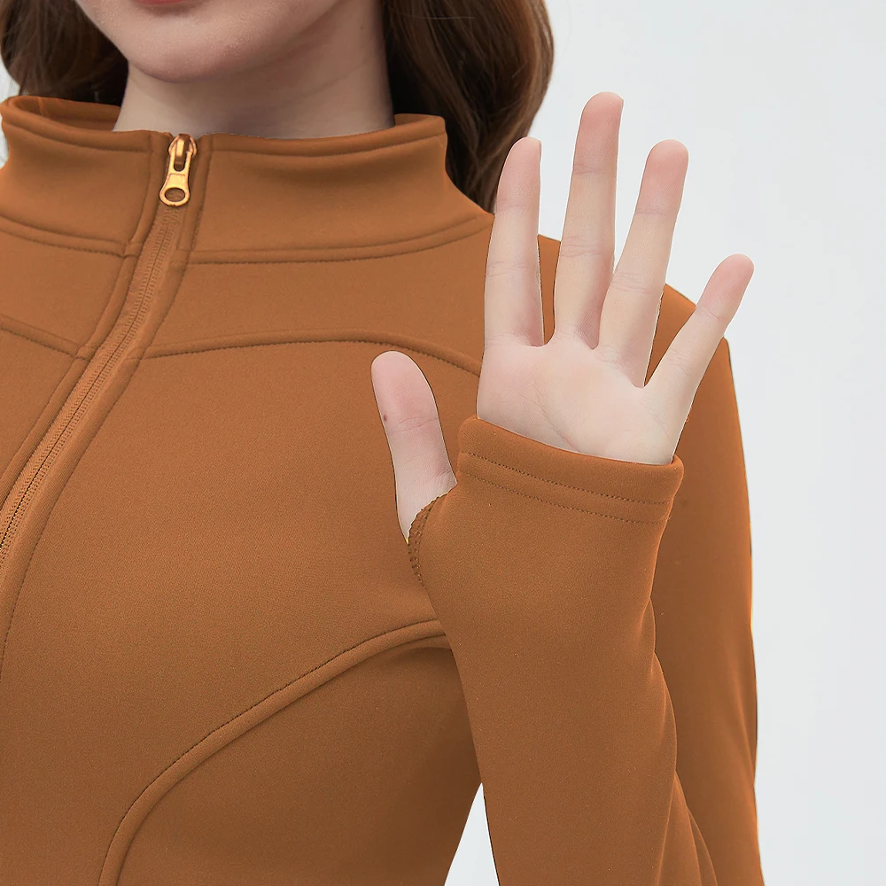 Peach fleece stand up collar pocket jacket for autumn and winter, with thickened fleece and warm stand up collar yoga suit