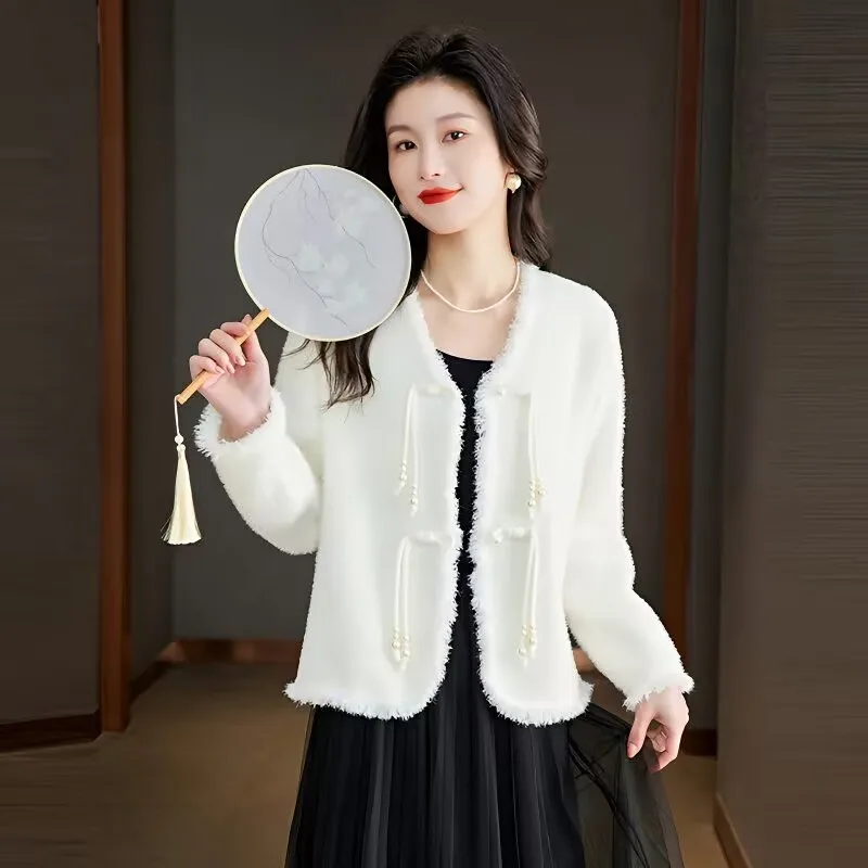 Cardigan con bottoni e nodo in nappa stile cinese 2025 Nuova primavera autunno donna giacca in cashmere visone femminile elegante cappotto in maglia con scollo a V