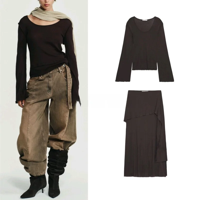 

Loose Comfortable Double Layer Long Sve round Ne T-irt High Waist Midi Skirt Faion Set Casual Sle Autumn Wear for ...