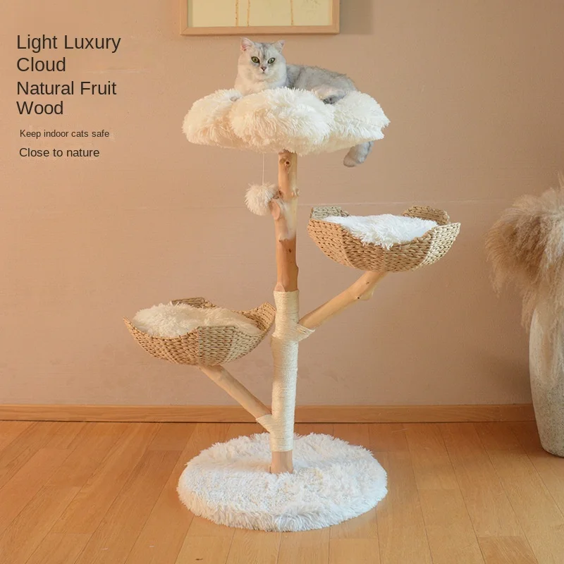 Wholesale Natural Wood Cat Tree with Rattan Baskets | Handmade Multi-Level Cat Tower for Large & Multi Cats