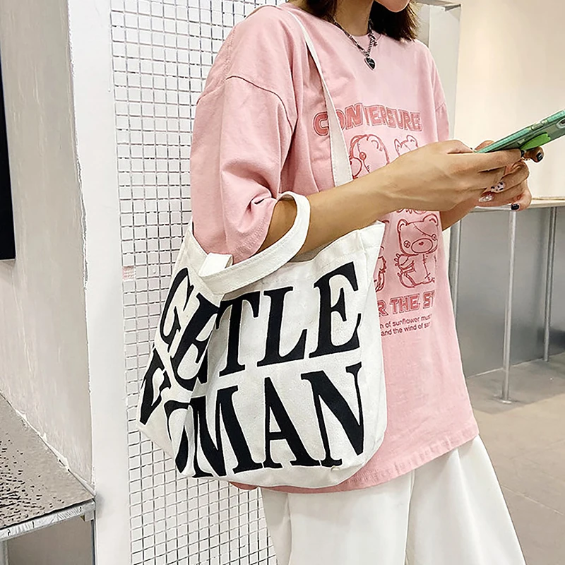 Creative Korean Style Fashion Canvas Tote Bag Casual Shoulder Bag Slogan English Letter Simple Large Capacity Crossbody Bag