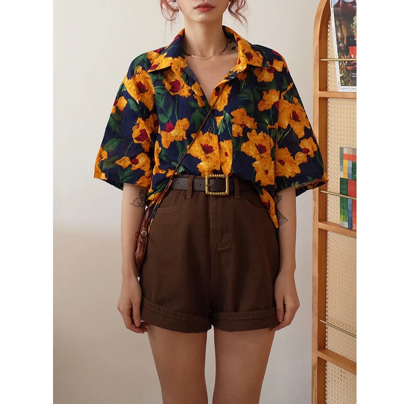 Summer New Floral Blouse Polo Neck Short Sleeve Loose Button Printing Street Casual Shirt Tops Fashion Vintage Women Clothing