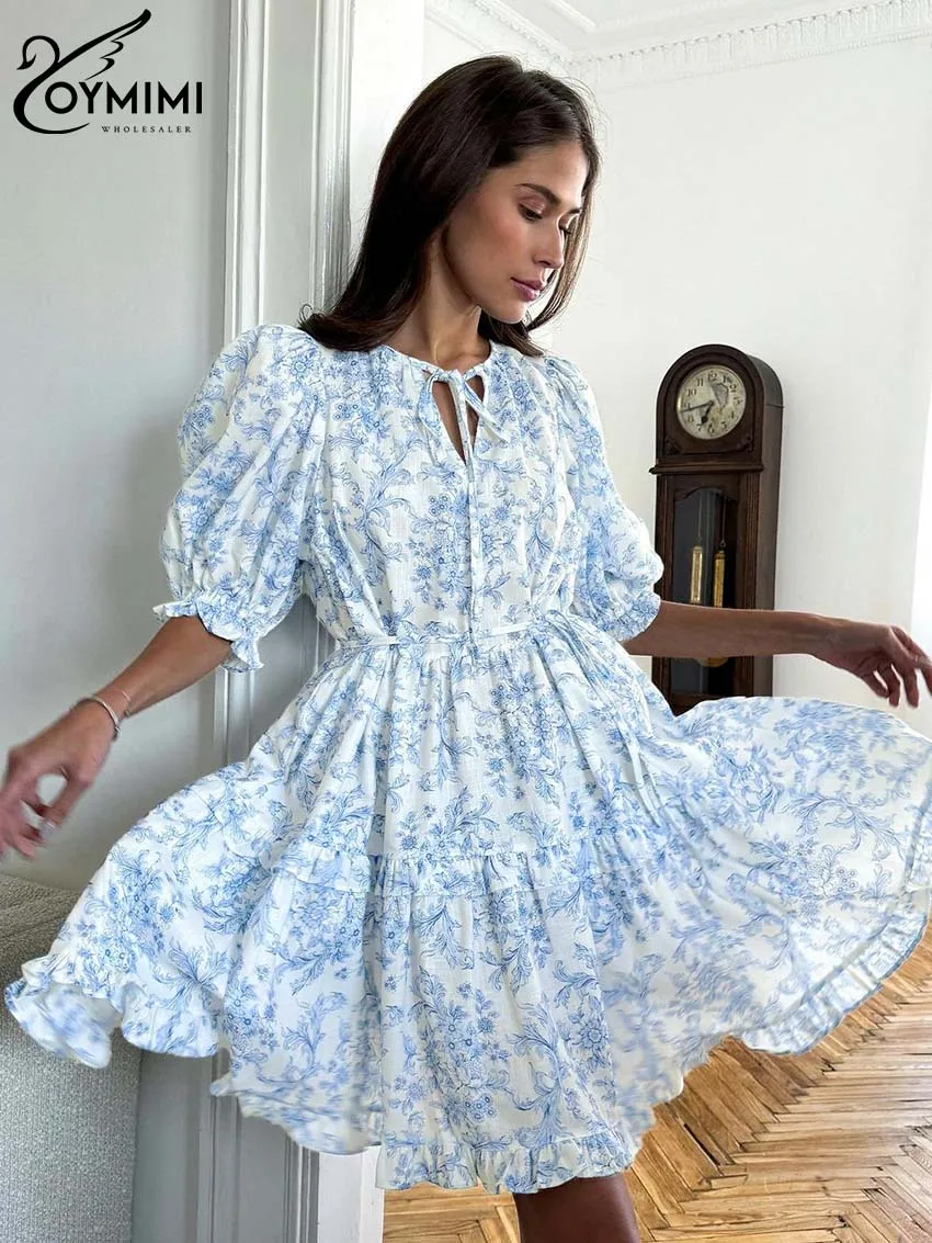 Oymimi Elegant Blue Print Womens Dresses Autumn Lace-Up Half Sleeve Dresses Casual High Wiasted Pleated Mini Drress Streetwear