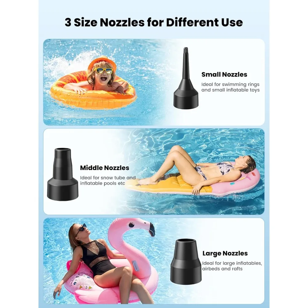 مضخة مرتبة هوائية، مضخة هواء كهربائية محمولة تعمل بثلاث طرق مع 3 فوهات تيار متردد 110 فولت، تيار مستمر 12 فولت، منفاخ سريع التعبئة يعمل بالبطارية