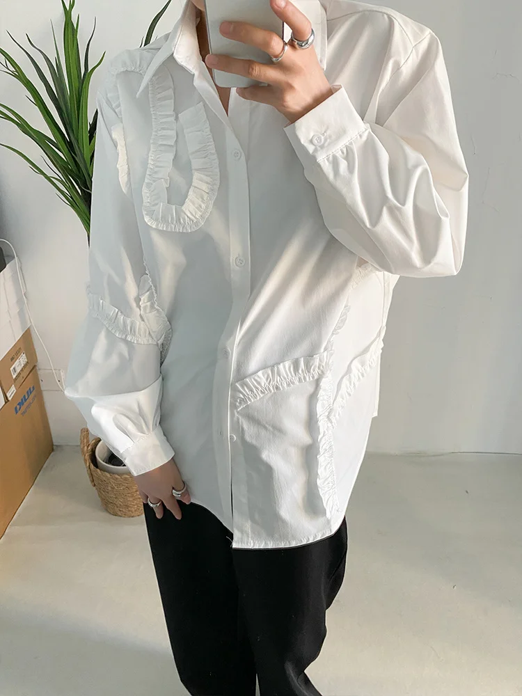 [EAM] Women White Ruffles Big Size Elegant Blouse New Lapel Long Sleeve Loose Fit Shirt Fashion Tide Spring Autumn 2023 1DF1474