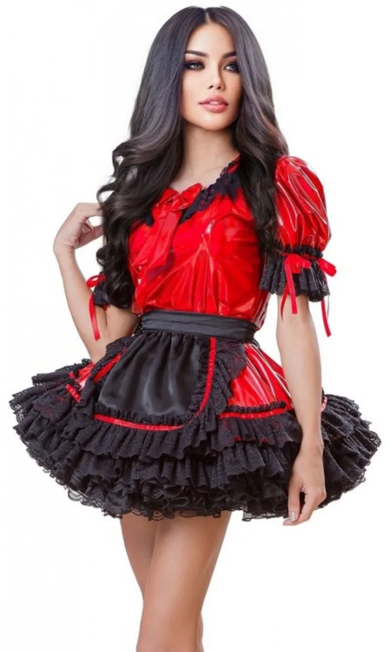 

Sexy Sissy French maid red satin multi-layer ruffle edge dress cosplay costume customizable