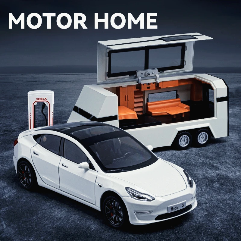 

Simulation 1:24 alloy Tesla model 3 trailer RV model ornament toy premium gift