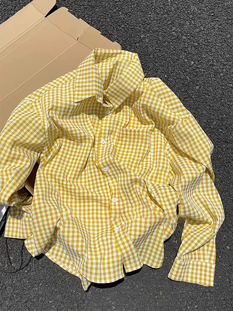 

Early Autumn Men's Yellow Plaid Bubble irt Long Sve Loose Fit American Sle Couple's Light Outerwear Ci Walk
