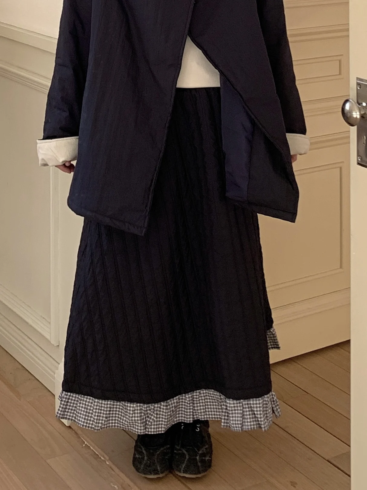 

Японская юбка-миди с хлопковыми вставками в клетку, кружевом и эффектом похудения, универсальная, с высокой талией, А-силуэт, свободный крой, повседневная