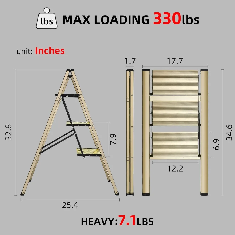سلم بثلاث خطوات، مقعد سلم قابل للطي، معالجة أوسع غير قابلة للانزلاق، سلم محمول خفيف الوزن للمنزل والمطبخ، يحمل
