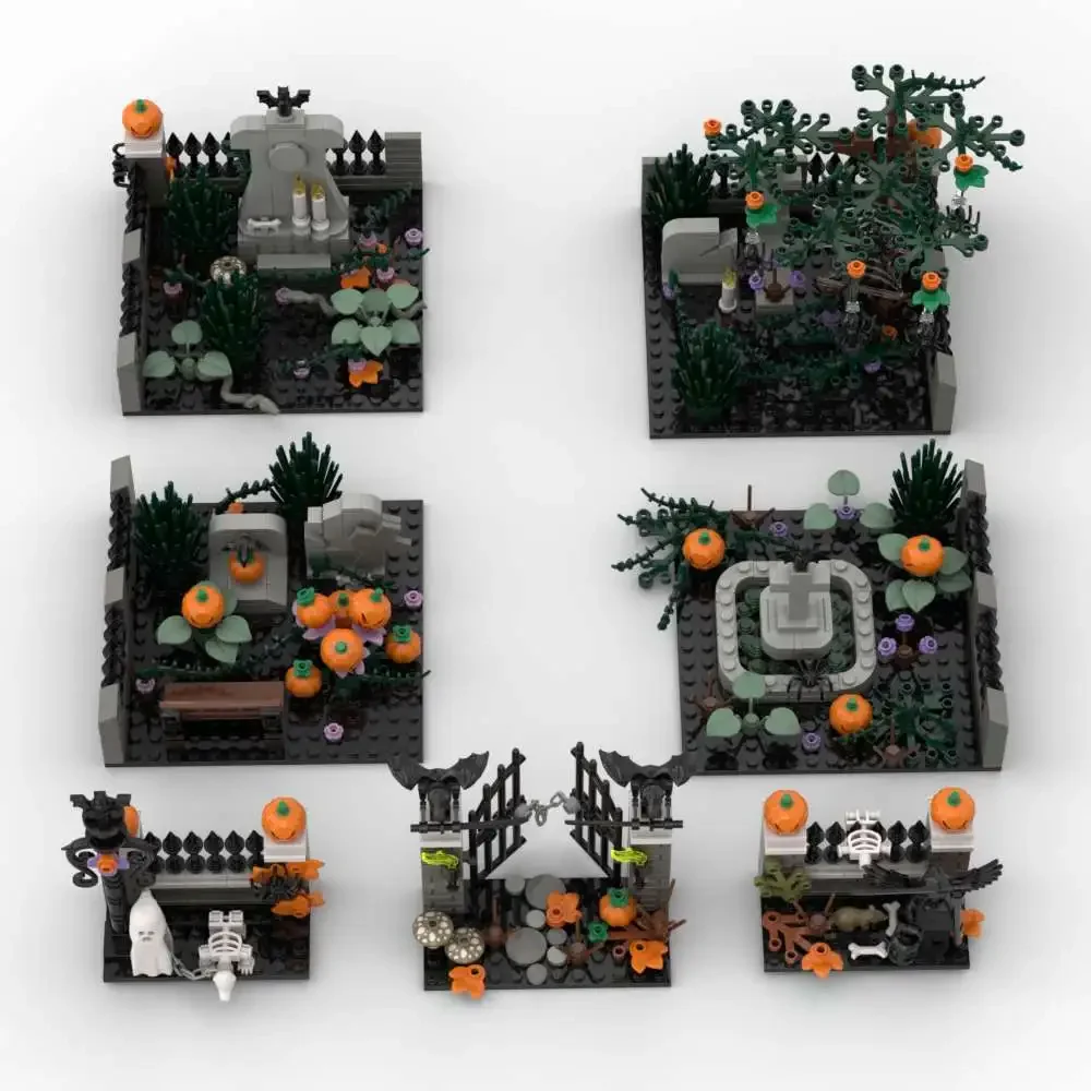 MOC Halloween-themed terrifying atmosphere small scene building block decoration, DIY cemetery small building block model