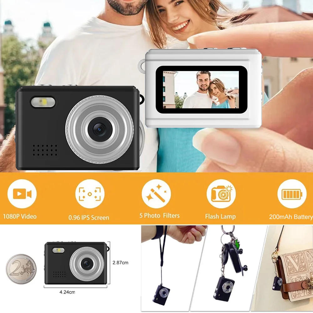 كاميرا أطفال 64 جيجابايت 1080 بكسل مع سلسلة مفاتيح فقط 0.96 بوصة كاميرا رقمية صغيرة جدًا 30 إطارًا في الثانية كاميرا فيديو للطلاب مع ضوء فلاش